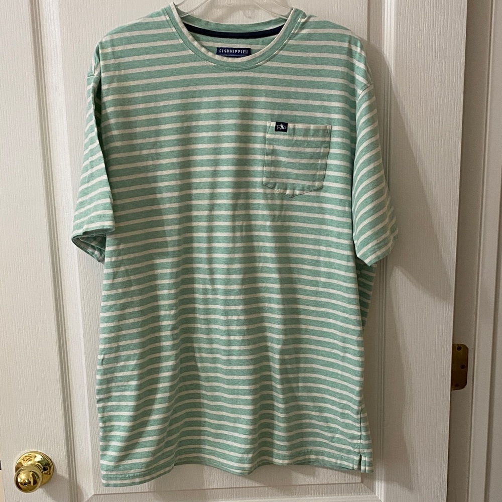 Green and White Striped Short Sleeve Shirt
